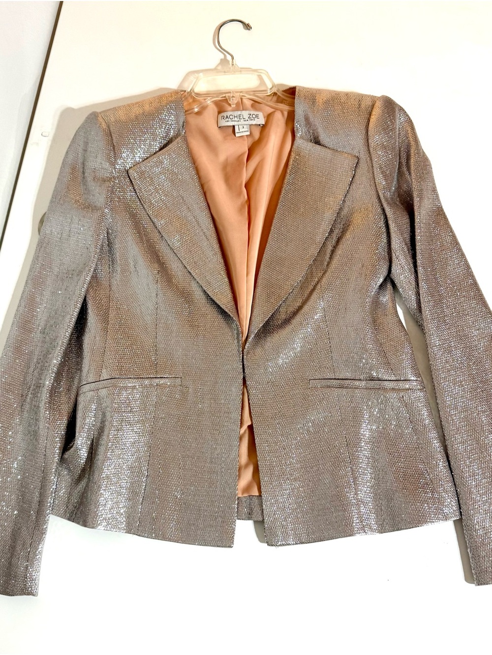 Rachel Zoe Shimmery Silver Women's Blazer with Peach Lining, Size 2, Like New
